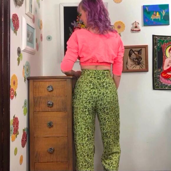 Vintage Aeropostale Pants, 90s Green & Black High Waisted Tapered Floral Pants S - Picture 3 of 10